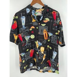 Paradise Found Honolulu Hawaii tropical martini button front hawaiian shirt L?